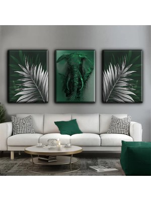 Harikabirev Yeşil-Gümüş Filtablo |3lü Dikey Çerçevesiz Kanvas Tablo Çsdkyknvs
