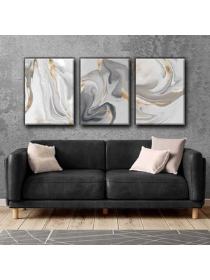 Harikabirev Marble Gri-Gold Soyut Tablo |3lü Dikey Çerçevesiz Kanvas Tablo Çsdkyknvs