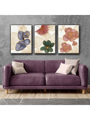 Harikabirev Çiçekli Altın Renkli Tablo |3lü Dikey Çerçevesiz Kanvas Tablo Çsdkyknvs