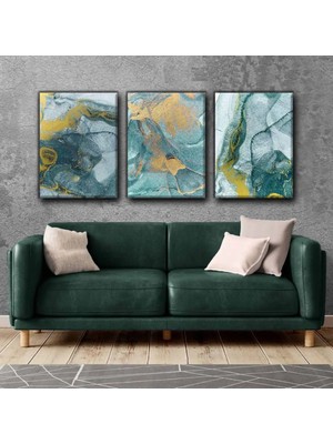 Harikabirev Gold-Turkuaz Marble Soyut Tablo |3lü Dikey Çerçevesiz Kanvas Tablo Çsdkyknvs