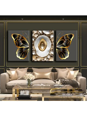 Harikabirev Beyaz-Gold Incili Tablo 01 | 3lü Dikey Çerçevesiz Kanvas Tablo Çsdkyknvs