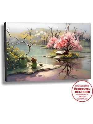 Harikabirev Kanvas-Duvar-Salon Tablosu Yağlı Boya Efektli Manzara Göl Art|tekli Yatay Çerçevesiz