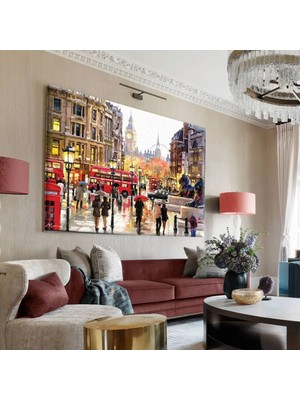 Harikabirev|kırmızı-Sarı Londra Şehir Manzarasi Tablo 1 |tekli Çerçevesiz Yatay Kanvas Tablo