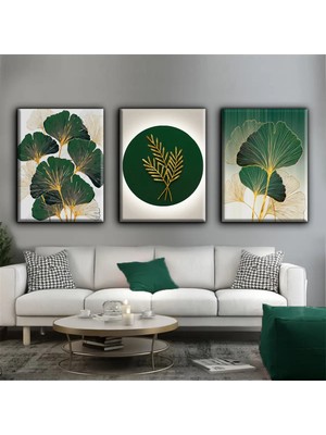 Harikabirev Zümrüt Yeşil-Gold Çiçekli Tablo 02 |3lü Dikey Çerçevesiz Kanvas Tablo Çsdkyknvs