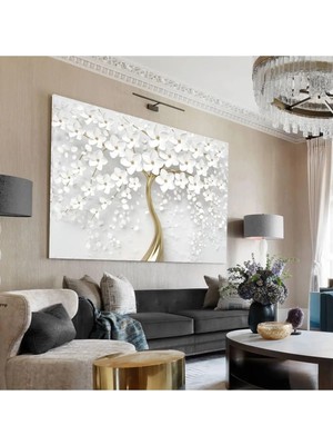Harikabirev|beyaz Yapraklı Soyut Ağaç Tablosu |tekli Çerçevesiz Kanvas Tablo