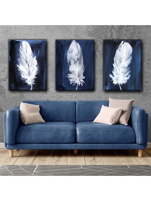 Harikabirev Beyaz-Lacivert Tüy Tablosu 01 | 3lü Dikey Çerçevesiz Kanvas Tablo Çsdkyknvs