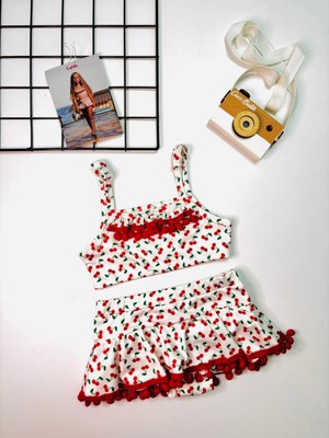 Cacobebiş Kiraz Desenli Baskılı Kız Çocuk Mayo Bikini Takım Beyaz-Kırmızı