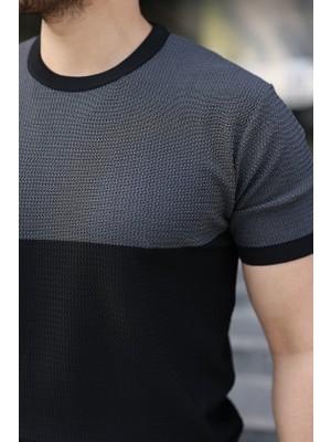 Lunelis Erkek Renk Bloklu Bisiklet Yaka Kısa Kollu Triko Tişört