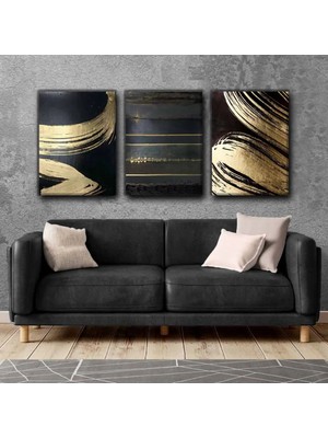 Harikabirev Gri-Gold Kıntsugı Tablo 03 |3lü Dikey Çerçevesiz Kanvas Tablo Çsdkyknvs