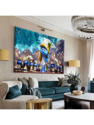 Harikabirev|mavi-Kırmızı-Sarı Şirinler Tablosu 3 |tekli Çerçevesiz Yatay Kanvas Tablo