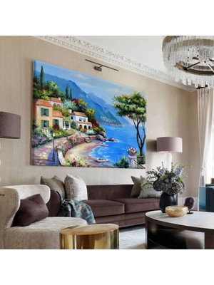 Harikabirev|mavi-Beyaz Deniz Manzara Tablosu 1 |tekli Çerçevesiz Yatay Kanvas Tablo