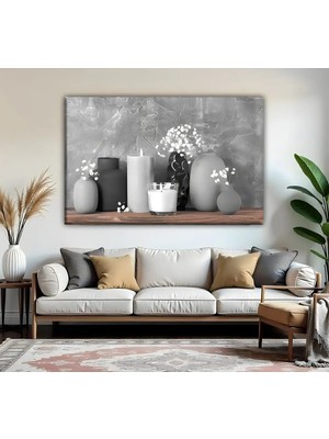 Harikabirev | Kahve-Gri Mum Dekorları Desenli Modeli | Tekli Yatay Kanvas Tablo