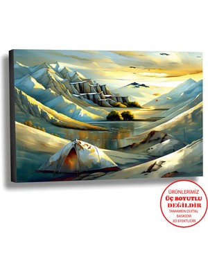 Harikabirev Kanvas-Duvar-Salon Tablosu Yağlı Boya Efektli Manzara Sarı Dağ 2 Art|tekli Yatay Çerçevesiz