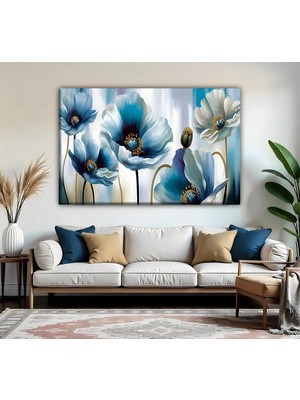 Harikabirev | Lacivert-Yeşil Ton Çiçek Desenli Modeli | Tekli Yatay Kanvas Tablo