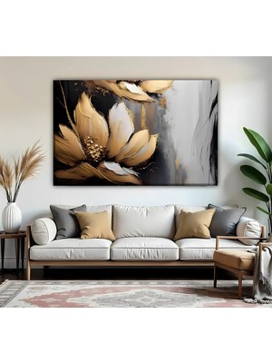 Harikabirev | Gri Gold Soyut Çiçek Modeli| Tekli Yatay Kanvas Tablo
