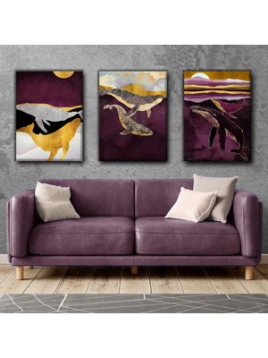 Harikabirev Bordo-Gold Yunus Tablosu |3lü Dikey Çerçevesiz Kanvas Tablo Çsdkyknvs