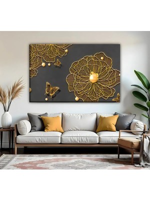 Harikabirev | Gri Gold Renk Çiçek Kelebek Detay Model | Tekli Yatay Kanvas Tablo