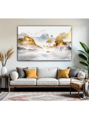 Harikabirev | Gold-Gri Sisli Manzara Modeli | Tekli Yatay Kanvas Tablo