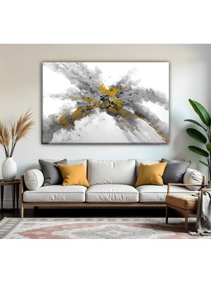 Harikabirev | Gri Gold Duman Soyut Desenli Modeli 02 | Tekli Yatay Kanvas Tablo
