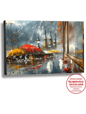 Harikabirev Kanvas-Duvar-Salon Tablosu Yağlı Boya Efektli Manzara Islak Sonbahar Art|tekli Yatay Çerçevesiz