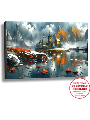 Harikabirev Kanvas-Duvar-Salon Tablosu Yağlı Boya Efektli Manzara Soğuk Şato Art|tekli Yatay Çerçevesiz