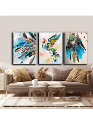 Harikabirev Anka Kuşu Renkli Tablosu |3lü Dikey Çerçevesiz Kanvas Tablo Çsdkyknvs