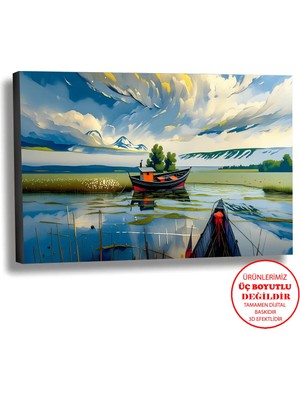 Harikabirev Kanvas-Duvar-Salon Tablosu Yağlı Boya Efektli Manzara Issız Tekne 2 Art|tekli Yatay Çerçevesiz
