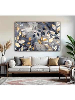 Harikabirev | Gri Gold Yaprak Desenli Modeli| Tekli Yatay Kanvas Tablo