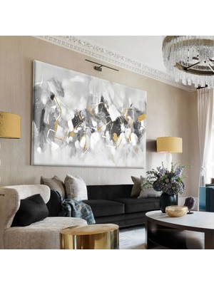 Harikabirev|beyazz-Gri -Gold Asoyut Detayli Tablo|tekli Çerçevesiz Yatay Kanvas Tablo
