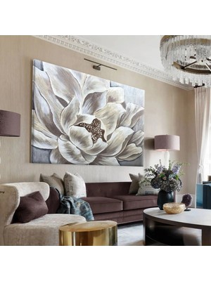 Harikabirev|beyaz-Gri Çiçekli Tablo|tekli Çerçevesiz Yatay Kanvas Tablo