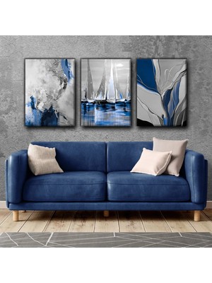 Harikabirev Lacivert Gümüş Renk Soyut ve Kayık Tablosu|3lü Dikey Çerçevesiz Kanvas Tablo Çsdkyknvs