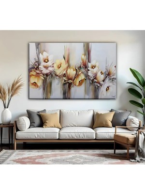 Harikabirev | Gri Sarı Çiçek Desenli Modeli| Tekli Yatay Kanvas Tablo
