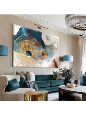 Harikabirev|turkuaz-Gold-Beyaz Soyut Şekilli Tablo |tekli Çerçevesiz Yatay Kanvas Tablo