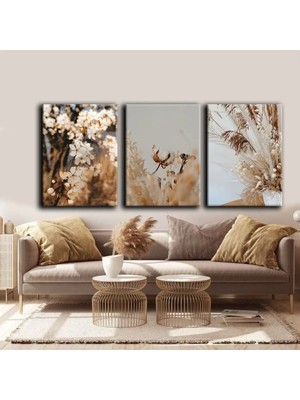 Harikabirev Soft Krem Çiçek Bitkili Soyut Tablo 01 |3lü Dikey Çerçevesiz Kanvas Tablo Çsdkyknvs