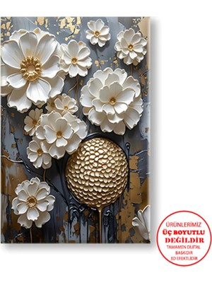 Harikabirev Kanvas-Duvar-Salon Tablosu Yağlı Boya Efektli Beyaz Çiçek-03 |tekli Dikey Çerçevesiz Tablo