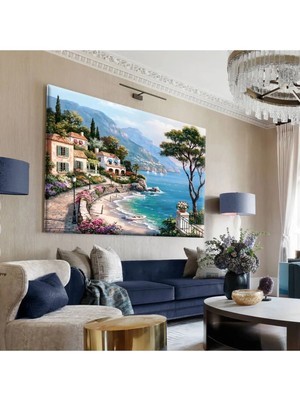 Harikabirev|mavi-Beyaz Deniz Manzara Tablosu|tekli Çerçevesiz Yatay Kanvas Tablo