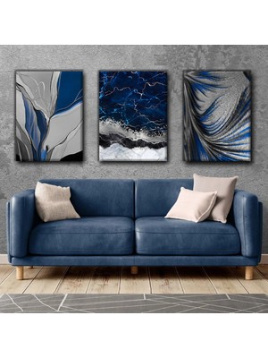 Harikabirev Gri-Lacivert Modern Tablo 01 | 3lü Dikey Çerçevesiz Kanvas Tablo Çsdkyknvs