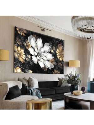 Harikabirev|siyah-Sarı-Beyaz Çiçek Desenli Tablo|tekli Çerçevesiz Yatay Kanvas Tablo