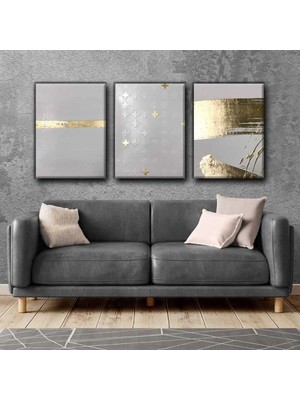 Harikabirev Gri-Gold Kıntsugı Tablo 02 |3lü Dikey Çerçevesiz Kanvas Tablo Çsdkyknvs