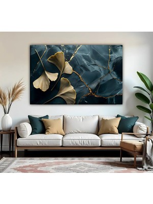 Harikabirev | Turkuaz-Gold Çiçek Desenli Modeli | Tekli Yatay Kanvas Tablo