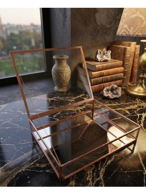 Güven Cam Bakır Rose Küçük Boy Dekoratif Organizer Kapaklı Kutu 25 x 15 x 5 cm