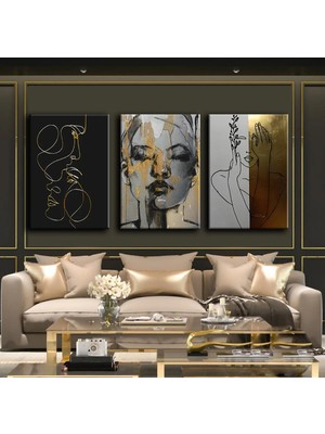 Harikabirev Gold-Gri Kadın Çiçek Soyut Tablo |3lü Dikey Çerçevesiz Kanvas Tablo Çsdkyknvs