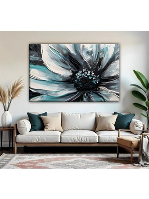 Harikabirev | Gri Turkuaz Çiçek Detay Modeli| Tekli Yatay Kanvas Tablo