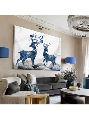Harikabirev|beyaz-Gümüş-Mavi Geyik Detayli Tablo 3|tekli Çerçevesiz Yatay Kanvas Tablo