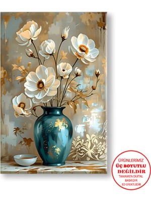 Harikabirev Kanvas-Duvar-Salon Yağlı Boya Efektli Turkuaz-Gold ÇİÇEKLER02|TEKLİ Dikey Çerçevesiz Tablo