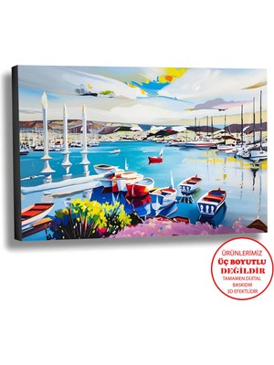 Harikabirev Kanvas-Duvar-Salon Tablosu Yağlı Boya Efektli Manzara Tekneler Art|tekli Yatay Çerçevesiz