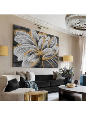 Harikabirev|siyah-Gold-Gri Çiçekli Tablo 1 |tekli Çerçevesiz Yatay Kanvas Tablo