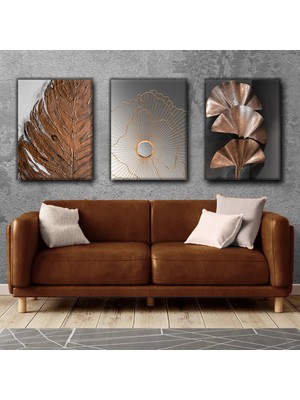 Harikabirev Bronz-Gri Yaprak Modern Soyut Tablo | 3lü Dikey Çerçevesiz Kanvas Tablo Çsdkyknvs