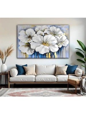 Harikabirev | Mavigold-Beyaz Çiçek Modeli| Tekli Yatay Kanvas Tablo