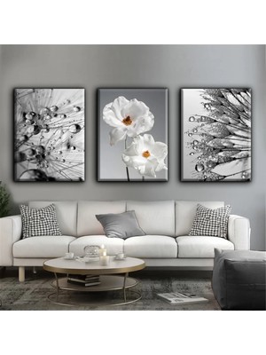 Harikabirev Beyaz Çiçek Modern Tablo |3lü Dikey Çerçevesiz Kanvas Tablo Çsdkyknvs